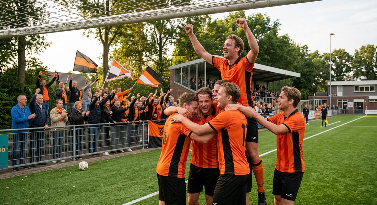 Voetballers vieren juichend een doelpunt voor hun supporters langs het veld