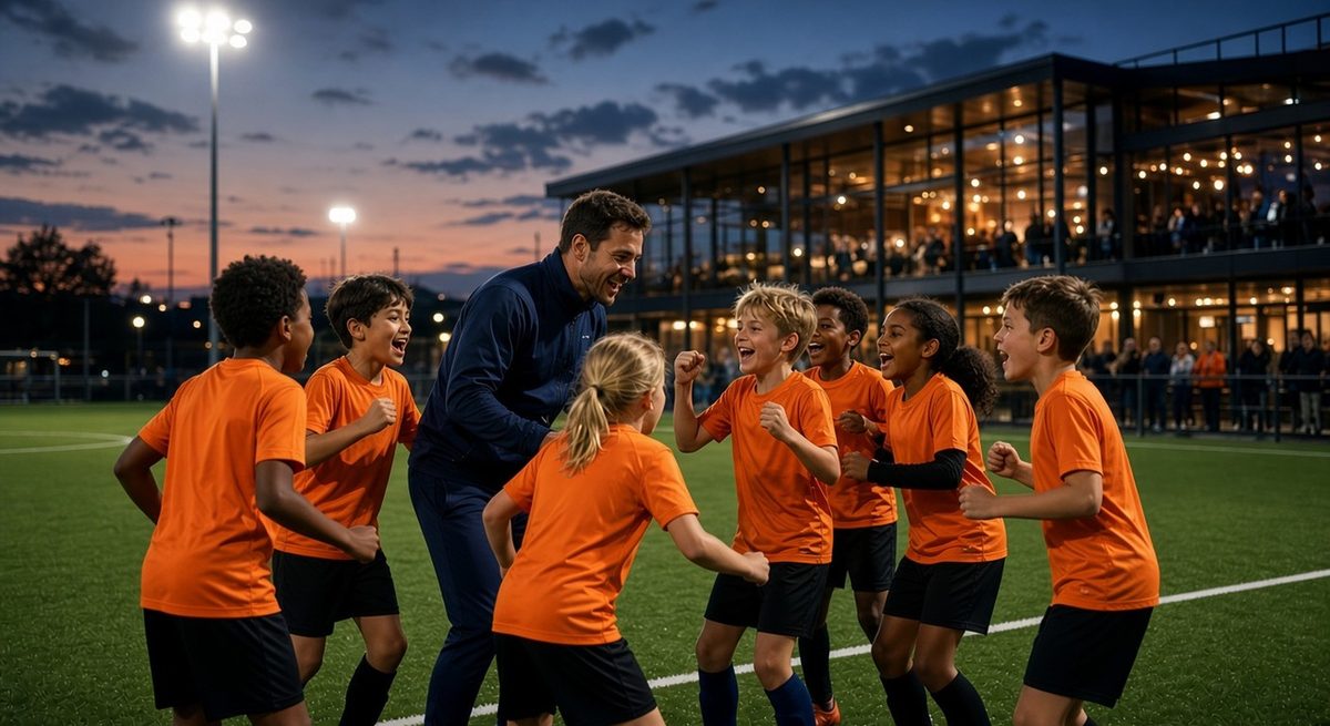 Jeugdteam viert een doelpunt met hun trainer onder de lampen van de club