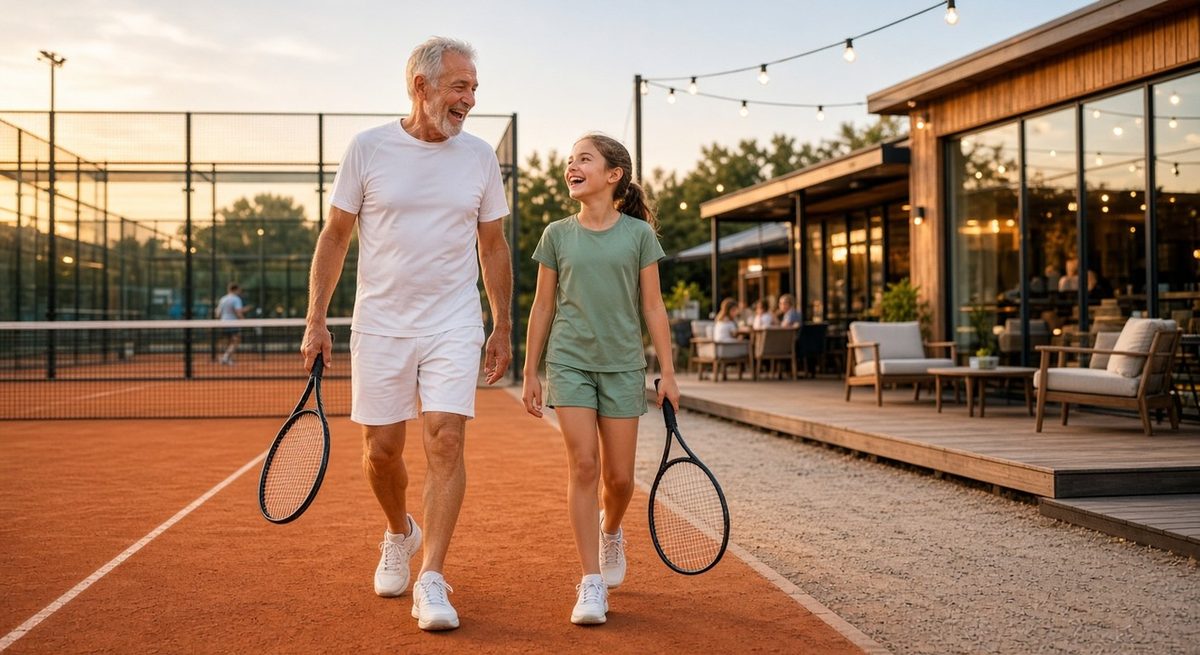 Opa en kleindochter lopen lachend van de tennisbaan bij hun club